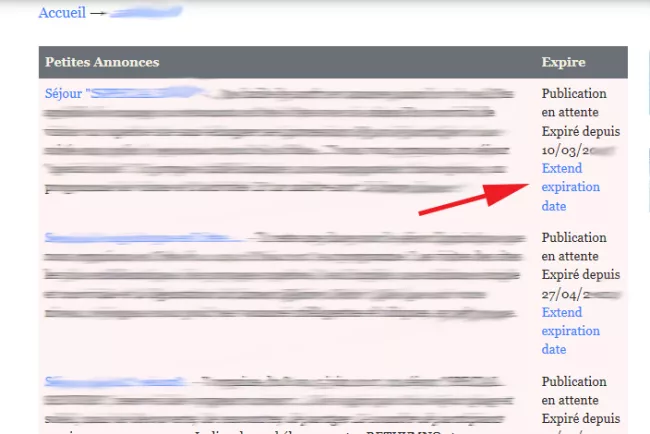 Après avoir cliqué sur "Publicités" vous accédez à la liste des annonces. Cliquez sur le lien "Extend expiration date"