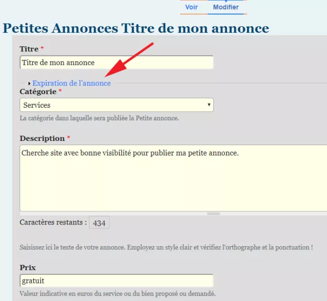 Vous accedez alors à votre annonce en mode "modification".