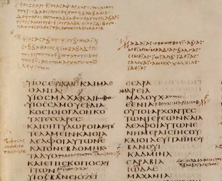 Extrait du Codex Sinaiticus montrant les nombreuses annotations dans la marge